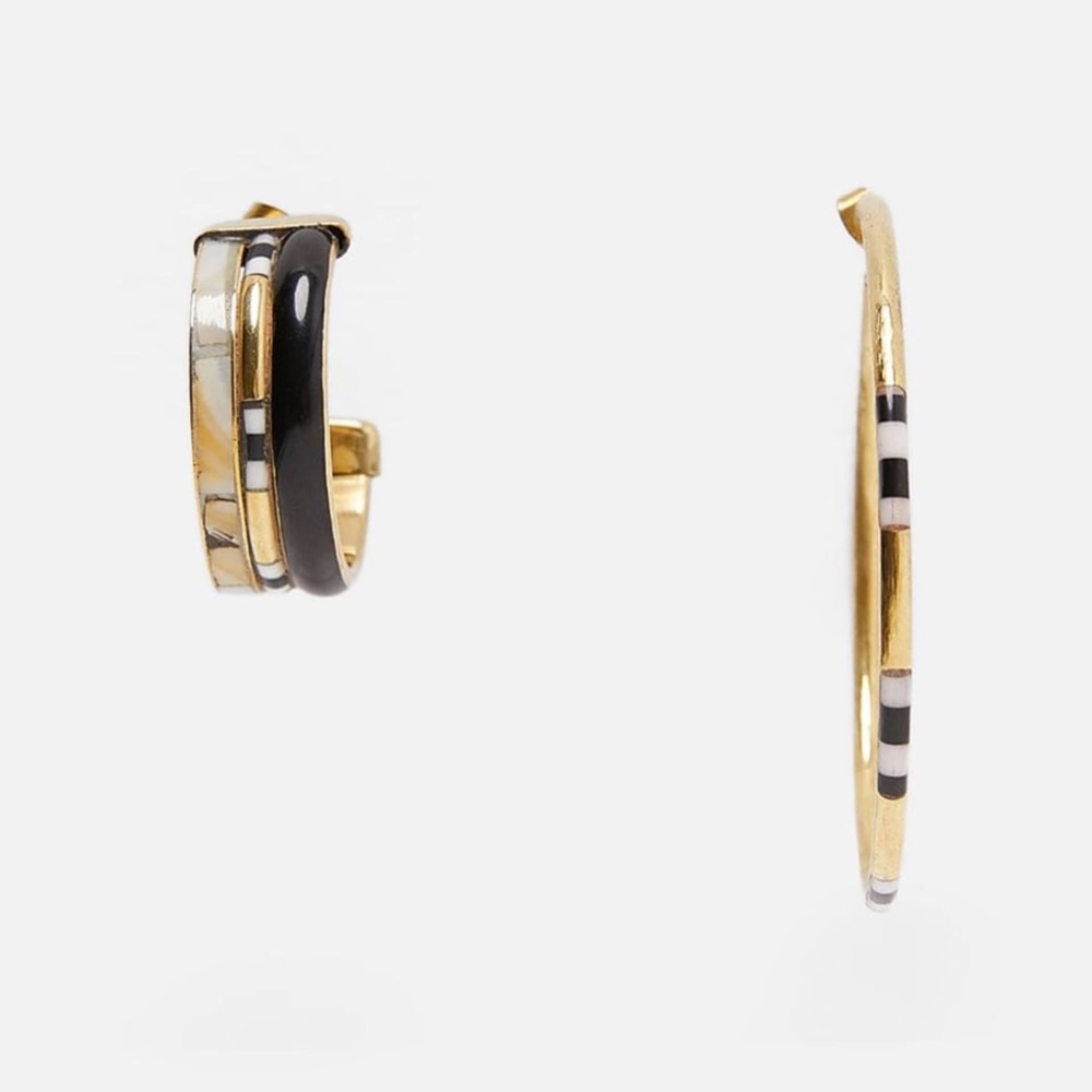 2/$35🖤 ZARA Asymmetrical Gold Black Hoop Earrings - Picture 2 of 5